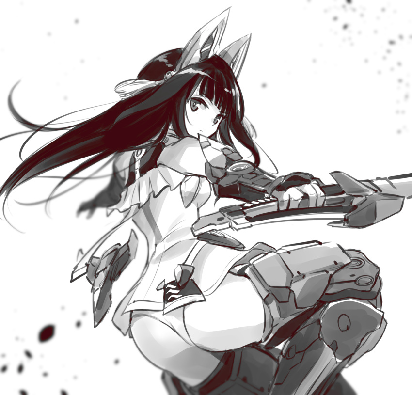 1girl agatsuma_kaede alice_gear_aegis animal_ears ass boots eyebrows_behind_hair fake_animal_ears from_side greyscale highres holding holding_sword holding_weapon ishiyumi looking_at_viewer mecha_musume mechanical_ears metal_boots monochrome solo sword thigh-highs thigh_boots weapon white_background