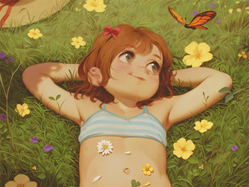 1girl alkemanubis armpits arms_behind_head blush bow brown_hair bug butterfly child closed_mouth commentary english_commentary flat_chest flower grass hair_bow highres lips looking_to_the_side lying navel on_back original pink_bow short_hair smile solo striped_tank_top tank_top upper_body