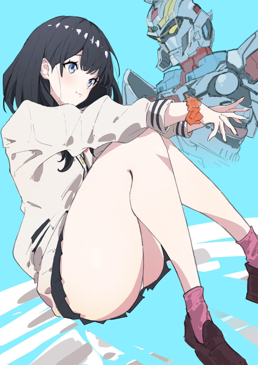 1girl bangs black_hair black_skirt blue_background blue_eyes blush cardigan closed_mouth gridman_(ssss) gridman_universe highres long_hair long_sleeves mecha miniskirt ocha_(popopogg) orange_scrunchie panties pantyshot pink_legwear pleated_skirt scrunchie simple_background skirt socks ssss.gridman takarada_rikka thighs underwear white_cardigan white_panties wrist_scrunchie