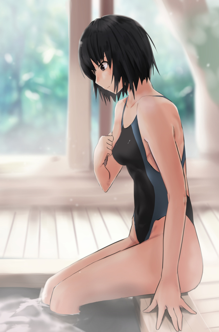 1girl amagami arm_at_side black_eyes black_hair black_swimsuit blurry blurry_background bob_cut breasts closed_mouth commentary_request competition_swimsuit cowboy_shot depth_of_field from_side hand_up highleg highleg_swimsuit highres indoors looking_down nanasaki_ai one-piece_swimsuit onsen profile revision short_hair sitting sliding_doors small_breasts smile soaking_feet solo swimsuit towel water ykh1028