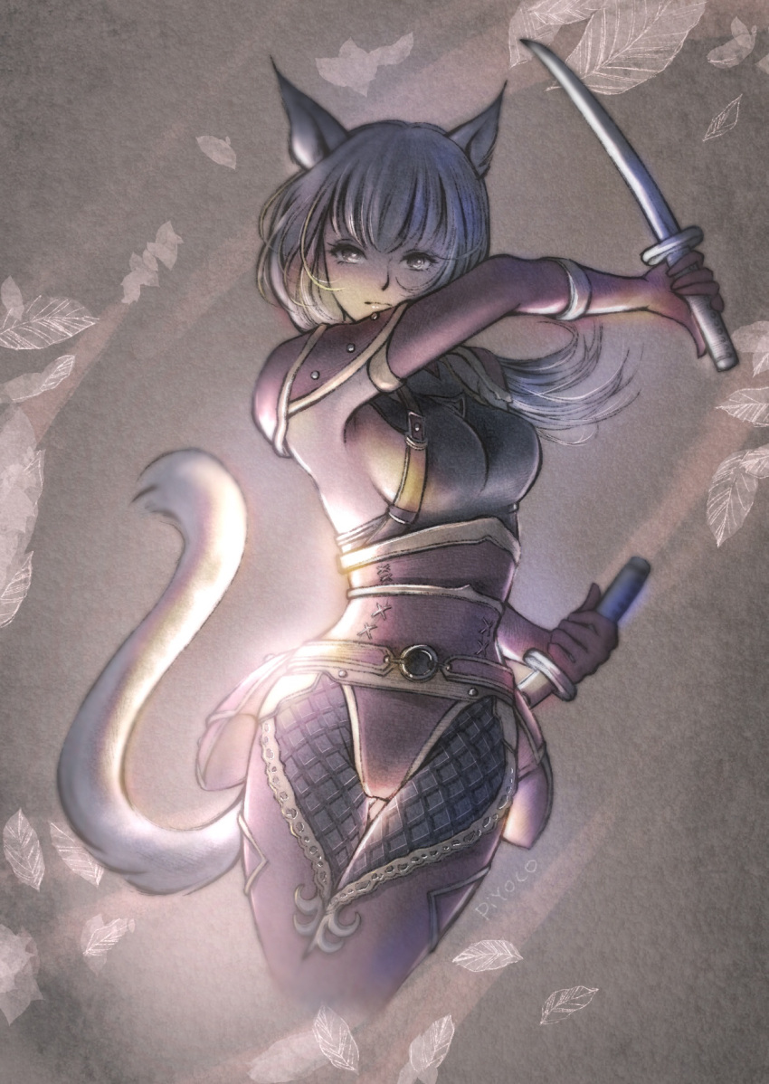1girl animal_ears artist_name avatar_(ff11) bangs breasts cat_ears cat_girl cat_tail dual_wielding elbow_gloves final_fantasy final_fantasy_xi fishnet_legwear fishnets gloves highres holding holding_sword holding_weapon katana long_hair medium_breasts mithra_(ff11) ninja_(final_fantasy) no_bra panties piyoco red_gloves red_legwear red_panties scorpion_harness sideboob silver_hair solo sword tail thigh-highs underwear weapon white_eyes