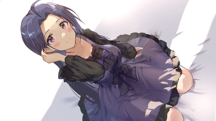 1girl ahoge babydoll blue_hair blush commentary_request dress dutch_angle highres idolmaster idolmaster_(classic) long_hair long_sleeves looking_at_viewer miura_azusa on_bed purple_dress see-through shuucream_(syuichi) sitting sitting_on_bed solo violet_eyes wariza