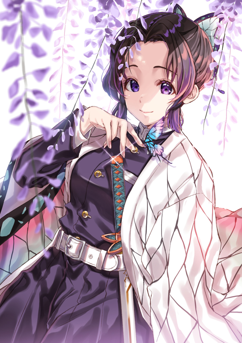 1girl animal_print arm_up bangs belt belt_buckle black_pants blush branch breast_pocket breasts buckle bug butterfly butterfly_hair_ornament butterfly_print buttons closed_mouth commentary_request cowboy_shot eyelashes feet_out_of_frame fingernails flower forehead glint grin hair_ornament haori highres japanese_clothes katana kimetsu_no_yaiba kochou_shinobu kukiha large_breasts long_sleeves looking_at_viewer pants parted_bangs patterned_clothing pocket purple_hair scabbard school_uniform sheath shine shiny shiny_hair short_hair sidelocks smile solo sparkle standing sword tied_hair violet_eyes weapon white_belt wide_sleeves wisteria
