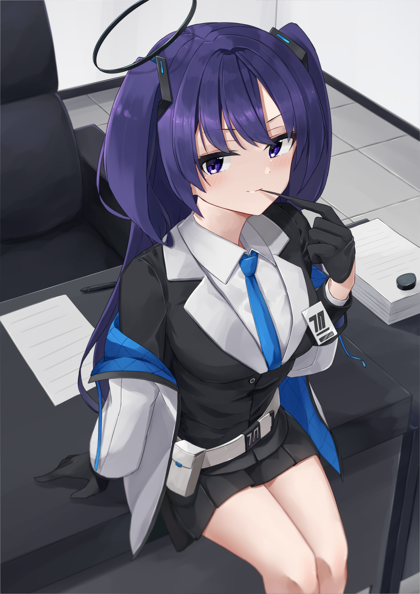 1girl aya_mizunami belt belt_pouch biting blue_archive blush breasts buttons chair collared_shirt dress_jacket dress_shirt glove_biting gloves halo highres id_card jacket looking_at_viewer medium_breasts miniskirt necktie off_shoulder office_chair paper_stack pen pleated_skirt pouch purple_hair shirt sidelocks sitting sitting_on_table skirt smile table tile_floor tiles twintails violet_eyes white_jacket yuuka_(blue_archive)