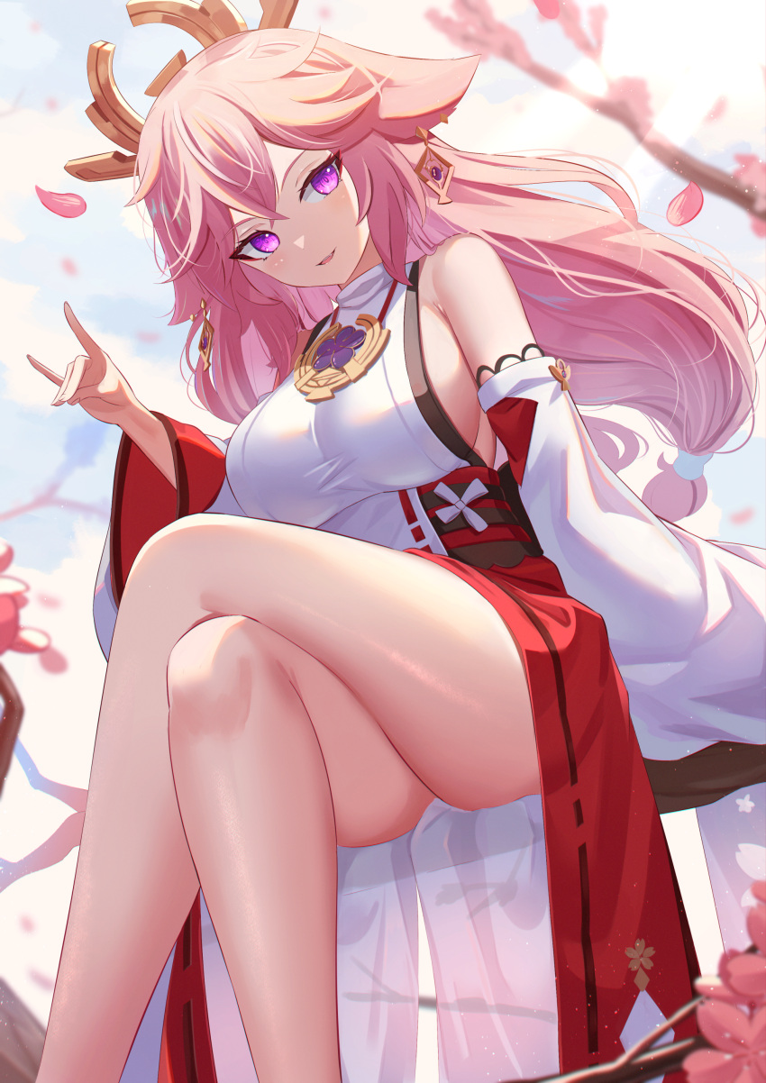 1girl absurdres animal_ears bare_shoulders breasts crossed_legs detached_sleeves earrings floppy_ears fox_ears fox_shadow_puppet genshin_impact hair_ornament highres japanese_clothes jewelry kimono large_breasts long_hair long_sleeves looking_at_viewer miko mirufuaa open_mouth parted_lips pink_hair short_kimono sitting smile solo thighs very_long_hair violet_eyes white_kimono wide_sleeves yae_miko