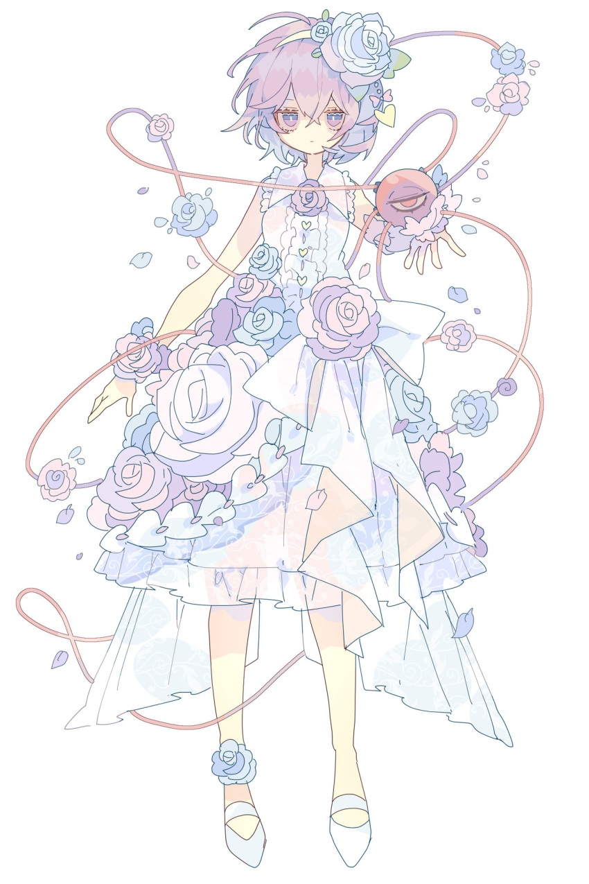1girl :| ahoge ankle_flower arm_at_side bare_legs blue_flower blue_rose bow buttons closed_mouth collared_dress dress expressionless eyebrows_behind_hair flower frilled_dress frilled_shirt_collar frills full_body hair_flower hair_ornament hairband hand_up heart heart_button heart_hair_ornament highres jitome komeiji_satori leaf looking_at_viewer nikorashi-ka open_hand pink_bow pink_flower pink_rose purple_hair red_eyes red_flower red_rose ribbon rose shoes simple_background sleeveless sleeveless_dress solo standing symbol-only_commentary third_eye touhou vine_print violet_eyes waist_bow white_background white_bow white_dress white_footwear white_hairband white_ribbon