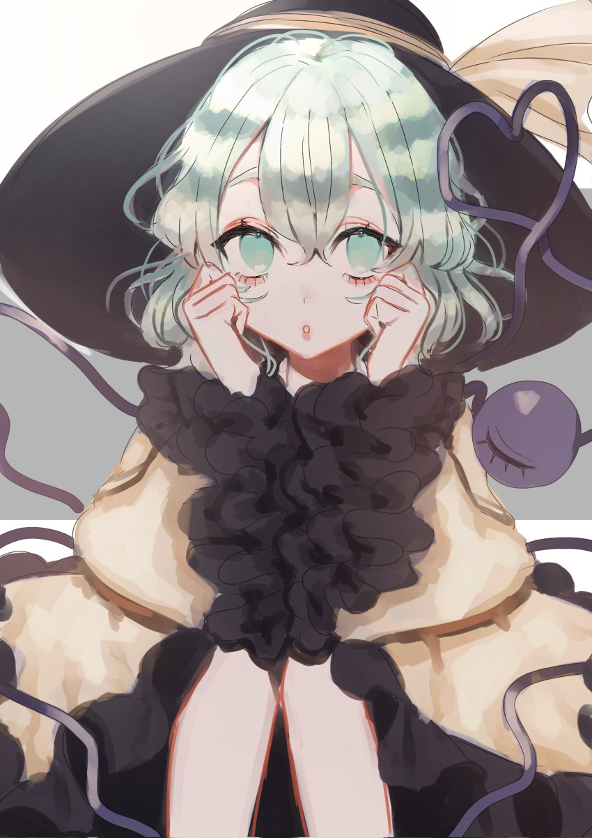 1girl :o black_headwear blouse commentary elbows_on_knees eyebrows_behind_hair frilled_sleeves frills gradient gradient_background green_eyes green_hair hair_between_eyes hands_on_own_cheeks hands_on_own_face hands_up hat hat_ribbon heart heart_of_string highres komeiji_koishi long_sleeves looking_at_viewer one-hour_drawing_challenge open_mouth ribbon short_hair simple_background solo third_eye touhou upper_body wide_sleeves yellow_blouse yellow_ribbon zabu_rou