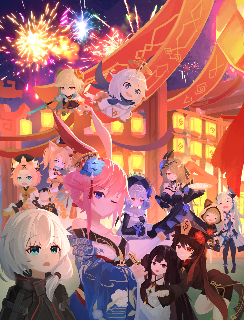 6+girls absurdres animal_ears architecture bangs bare_shoulders benghuai_xueyuan bengjieshi_(10442031) black_cape blue_flower blue_kimono brown_hair cape cat_ears character_request chinese_clothes chinese_new_year company_connection crossover diona_(genshin_impact) dress east_asian_architecture fireworks flower genshin_impact hair_flower hair_ornament hair_over_one_eye halo highres holding holding_tray honkai_(series) honkai_impact_3rd hu_tao_(genshin_impact) japanese_clothes katana kimono liliya_olenyeva long_hair looking_at_viewer mihoyo_technology_(shanghai)_co._ltd. multiple_girls night night_sky ninja open_mouth outdoors paimon_(genshin_impact) purple_dress purple_flower rita_rossweisse rita_rossweisse_(fallen_rosemary) sheath sheathed side_ponytail sky sword theresa_apocalypse tray violet_eyes weapon white_hair yae_sakura yae_sakura_(goushinnso_memento)