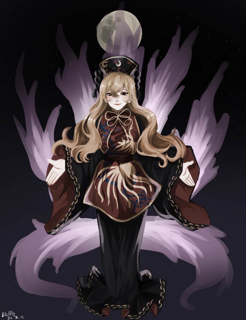 1girl absurdres aura black_dress blonde_hair chinese_clothes closed_mouth crescent dress full_body full_moon highres junko_(touhou) lips long_hair moon night night_sky phoenix_crown pom_pom_(clothes) red_eyes red_tabard ribbon sky smile standing subaru_hibiki tabard touhou wavy_hair wide_sleeves yellow_ribbon