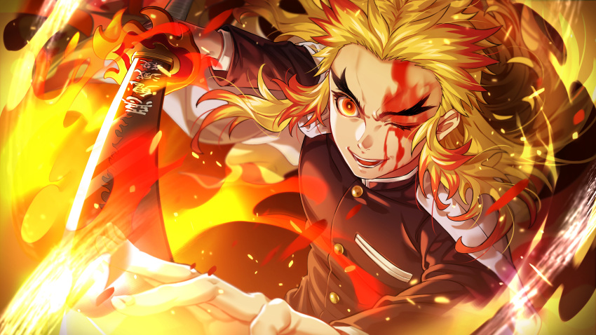 1boy belt black_jacket black_pants blonde_hair blood blood_from_mouth blood_on_face border breast_pocket buttons cape commentary_request embers fighting_stance fingernails fire flame_print forehead highres holding holding_sword holding_weapon iria_(yumeirokingyo) jacket katana kimetsu_no_yaiba long_hair long_sleeves looking_at_viewer lower_teeth male_focus mismatched_eyebrows multicolored_hair one_eye_closed open_mouth pants pocket red_eyes redhead rengoku_kyoujurou scabbard sheath solo standing sword teeth thick_eyebrows two-tone_hair uniform upper_teeth v-shaped_eyebrows weapon white_belt white_border white_cape
