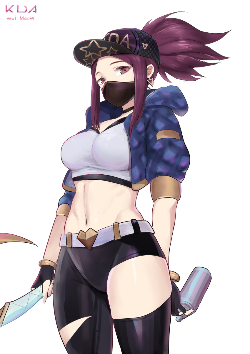 1girl absurdres akali bangs belt black_choker black_headwear blue_jacket breasts choker cropped_jacket earrings heart highres holding holding_weapon hood hood_down hooded_jacket jacket jewelry k/da_(league_of_legends) k/da_akali large_breasts league_of_legends long_hair mask midriff mouth_mask navel redhead shiny shiny_hair simple_background solo stomach weapon wei_miao white_background