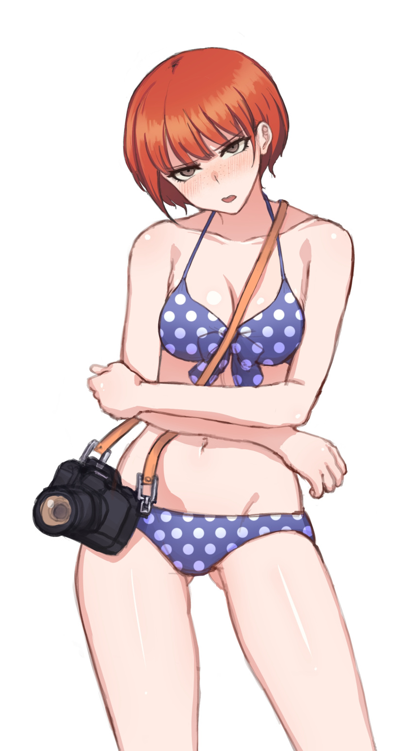 1girl absurdres blush breasts camera crossed_arms danganronpa_(series) danganronpa_2:_goodbye_despair embarrassed freckles green_eyes head_tilt highres koizumi_mahiru looking_at_viewer medium_breasts navel open_mouth polka_dot polka_dot_swimsuit redhead seongkun_(agn000) short_hair simple_background solo swimsuit white_background