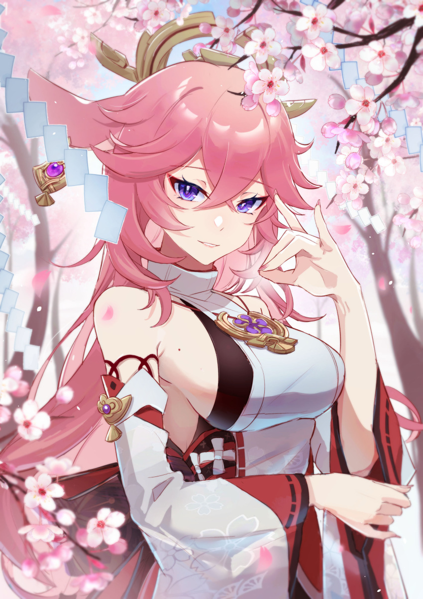1girl 24fufu absurdres bare_shoulders breasts cherry_blossoms flower genshin_impact hair_between_eyes hair_ornament highres japanese_clothes long_sleeves looking_at_viewer medium_breasts miko mole mole_on_breast pink_hair sideboob smile solo upper_body violet_eyes yae_miko