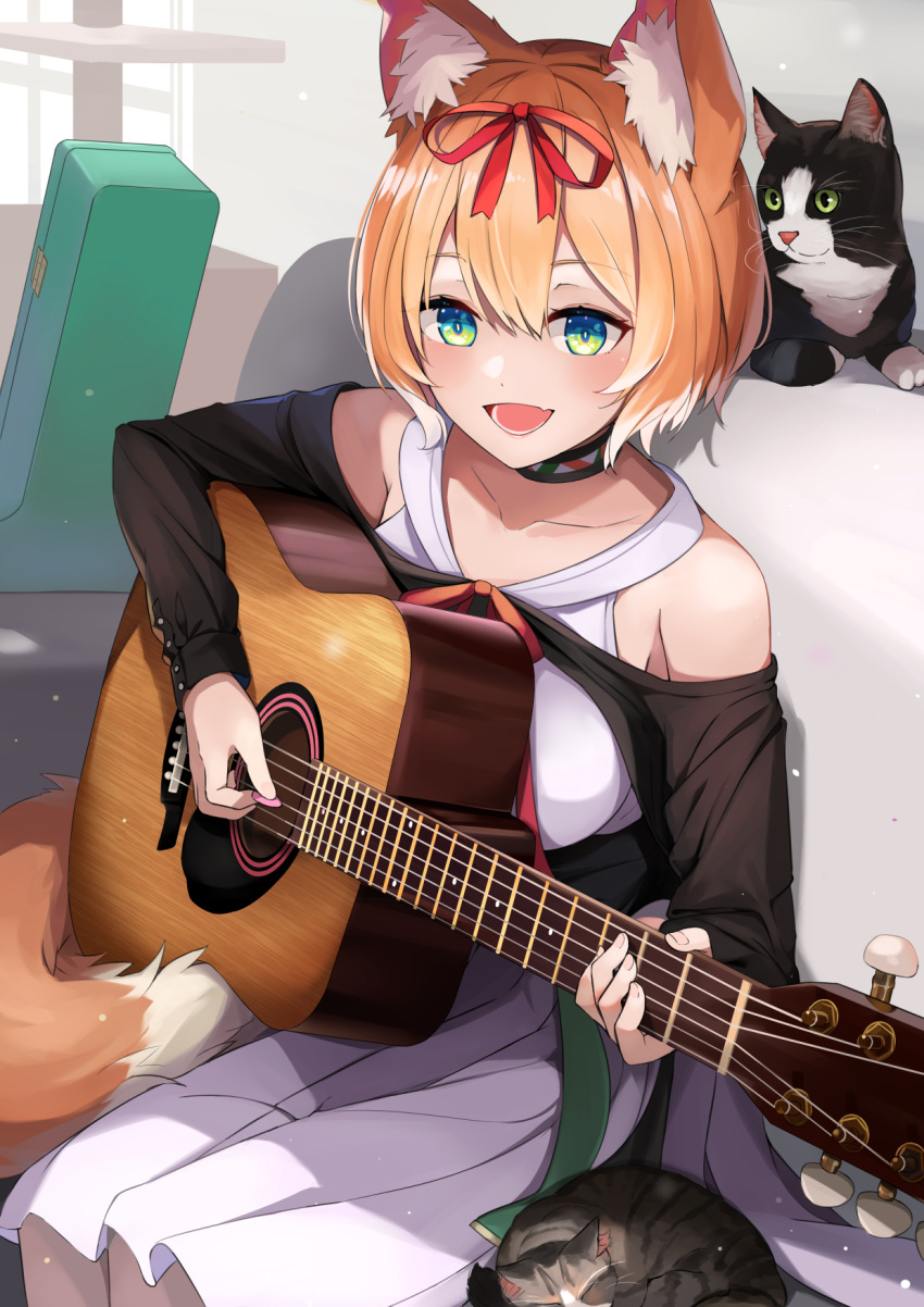 1girl :d animal_ear_fluff animal_ears bangs black_choker blue_eyes blush breasts cat choker commentary_request couch green_eyes guitar hair_ribbon highres hizuki_rurufu holding holding_instrument holding_plectrum indie_virtual_youtuber instrument long_sleeves looking_away multicolored_hair music on_couch playing_instrument plectrum red_ribbon ribbon short_hair sitting skirt smile solo sora_no_tori streaked_hair tail virtual_youtuber white_hair white_skirt