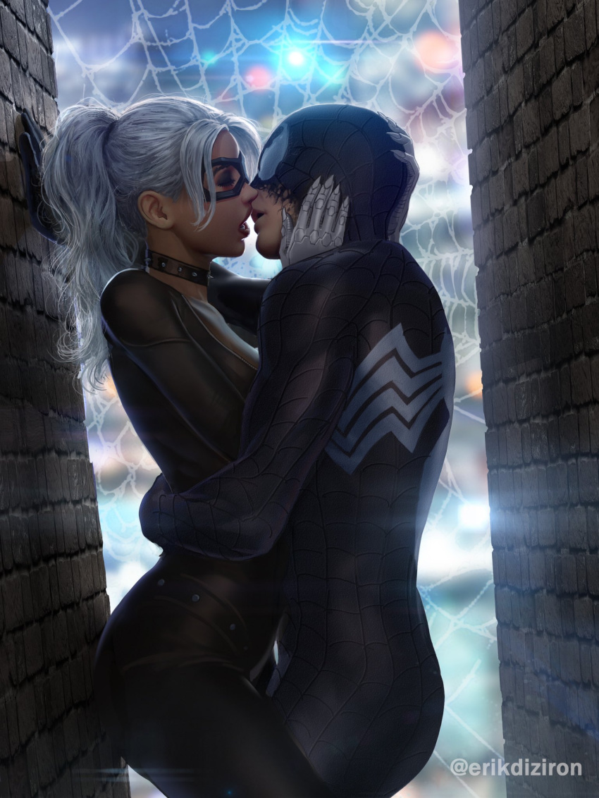 1boy 1girl against_wall black_bodysuit black_cat_(marvel) black_choker bodysuit breasts choker claws closed_eyes domino_mask erikdiziron felicia_hardy hand_on_another's_face hand_on_another's_head hetero highres imminent_kiss leg_between_thighs lipstick makeup marvel mask open_mouth outdoors peter_parker ponytail silk spider-man spider-man_(series) spider_web superhero symbiote teeth white_hair