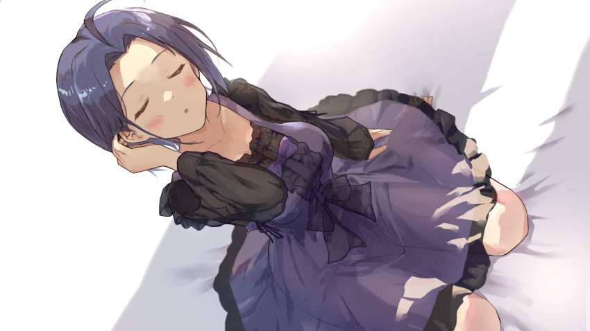1girl ahoge babydoll blue_hair blush closed_eyes commentary_request dress dutch_angle facing_viewer highres idolmaster idolmaster_(classic) incoming_kiss long_sleeves miura_azusa on_bed purple_dress see-through short_hair shuucream_(syuichi) sitting sitting_on_bed solo wariza
