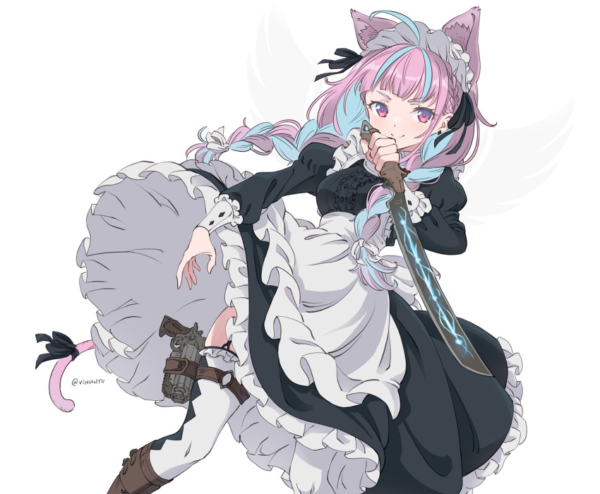1girl ahoge animal_ears apex_legends apron bangs black_dress black_ribbon blue_hair braid breasts cat_ears cat_tail center_frills closed_mouth colored_inner_hair commentary_request dress eyebrows_visible_through_hair frilled_apron frilled_dress frilled_sleeves frills hair_ribbon highres holding holding_weapon hololive holster long_hair long_sleeves looking_at_viewer maid maid_headdress medium_breasts minato_aqua multicolored_hair purple_hair ribbon smile solo streaked_hair tail tail_ornament tail_ribbon thigh-highs thigh_holster twin_braids two-tone_hair vinhnyu violet_eyes virtual_youtuber weapon white_apron white_legwear