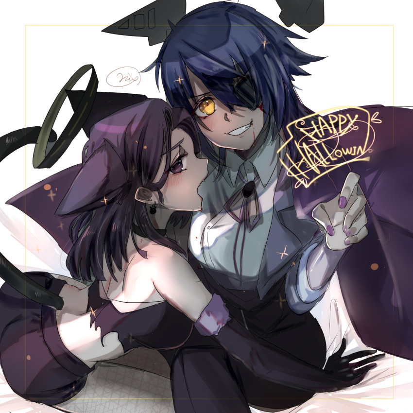 2girls animal_ears black_gloves black_pants blush collared_shirt elbow_gloves eyepatch gloves grin happy_halloween headgear highres kantai_collection long_sleeves looking_at_viewer mechanical_halo mizoredama1 multiple_girls open_mouth pants purple_hair purple_nails shirt short_hair signature smile tail tatsuta_(kancolle) tenryuu_(kancolle) violet_eyes white_background white_shirt yellow_eyes