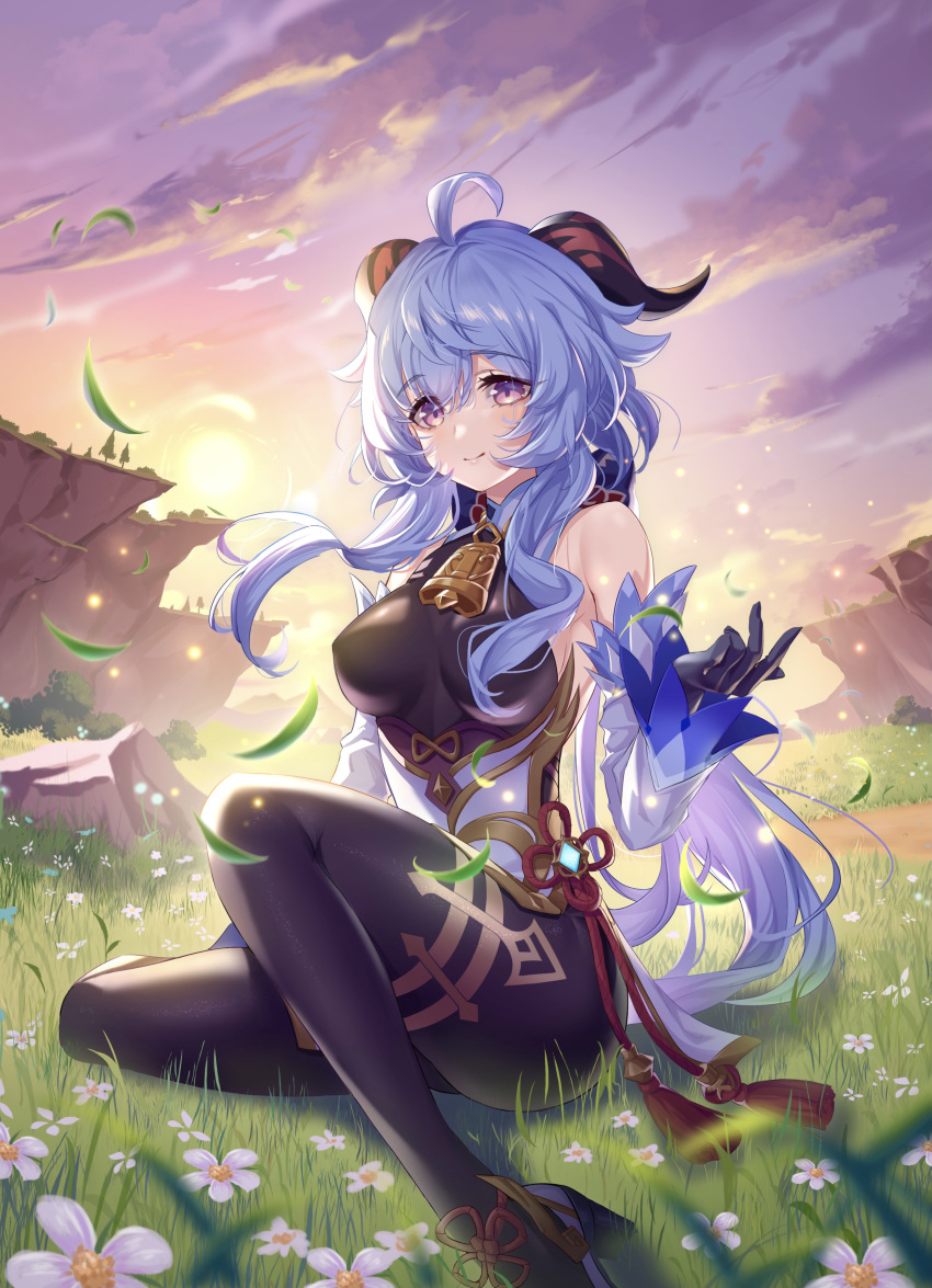 absurdres ahoge bangs bare_shoulders bell black_gloves black_legwear blue_hair blush bow breasts chinese_knot clouds cloudy_sky detached_sleeves eyebrows_visible_through_hair field flower flower_field flower_knot ganyu_(genshin_impact) genshin_impact gloves gold_trim gradient_sky grass highres horns knee_up ktm landscape leaf long_hair looking_at_viewer low_ponytail medium_breasts neck_bell outdoors red_rope rope sidelocks sitting sky smile solo sun sunset tassel thighlet twilight violet_eyes vision_(genshin_impact) white_sleeves