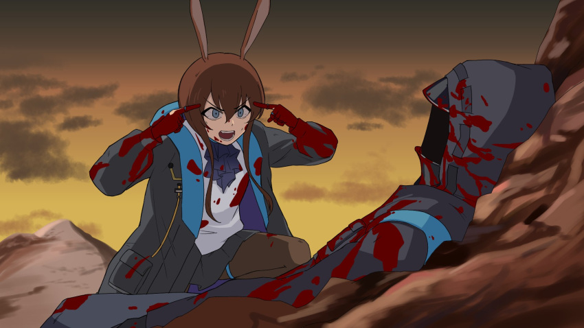 1girl 1other amiya_(arknights) animal_ears arknights bangs black_jacket blood blood_on_clothes blue_eyes brown_hair columbia1893 doctor_(arknights) feet_out_of_frame hair_between_eyes highres hood hooded_jacket invincible_(series) jacket jewelry long_hair long_sleeves looking_at_another meme open_clothes open_jacket outdoors pantyhose parody pointing pointing_at_self rabbit_ears ring serious shirt sidelocks skirt think_mark_think!_(meme)