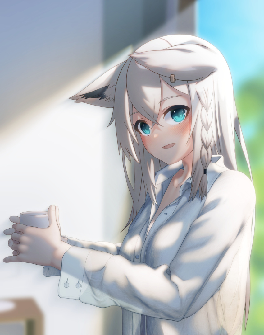 1girl animal_ear_fluff animal_ears bangs blurry blurry_background blush braid breasts collarbone commentary_request cup ears_down eyebrows_visible_through_hair fox_ears fox_girl green_eyes hair_between_eyes highres holding holding_cup hololive indoors long_hair looking_at_viewer open_mouth shirai_yu shirakami_fubuki shirt sidelocks single_braid small_breasts solo virtual_youtuber white_hair white_shirt