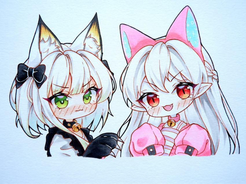 2girls :d animal_ear_fluff animal_ears animal_hands arknights bangs bell black_collar black_gloves blue_background blush braid closed_mouth collar commentary_request cropped_torso crying crying_with_eyes_open eyebrows_visible_through_hair fake_animal_ears fang gloves green_eyes hair_between_eyes hand_up head_tilt highres jacket jingle_bell kal'tsit_(arknights) long_hair long_sleeves multiple_girls neck_bell nose_blush pale_skin paw_gloves pink_collar pink_jacket pointy_ears popi_(maqu2_berry) puffy_long_sleeves puffy_sleeves red_eyes sleeves_past_fingers sleeves_past_wrists slit_pupils smile tears upper_body v-shaped_eyebrows warfarin_(arknights) wavy_mouth white_hair