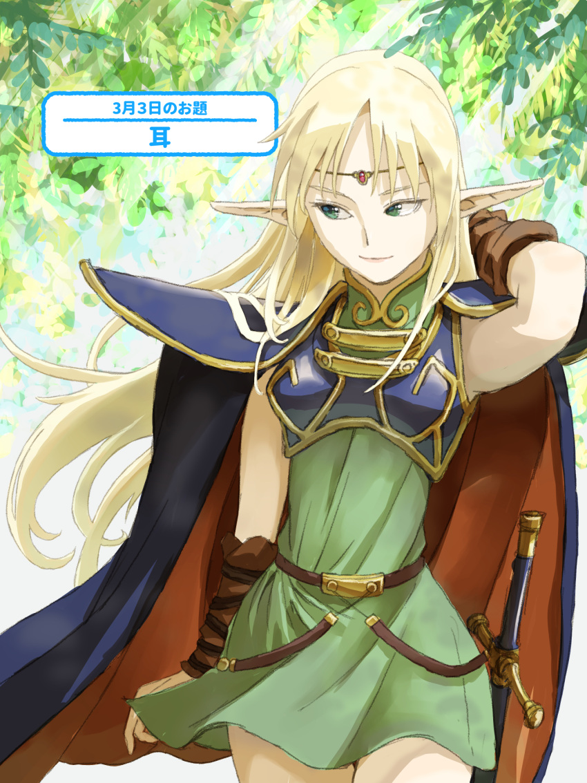 1girl armor blonde_hair blue_cape cape circlet closed_mouth deedlit dress green_eyes highres long_hair miyauchi_yuusuke pointy_ears record_of_lodoss_war shoulder_armor smile solo sword weapon