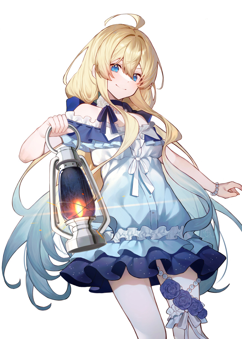 1girl absurdres ahoge bangs bare_shoulders blonde_hair blue_choker blue_dress blue_eyes blue_flower blue_rose blue_theme bracelet breasts choker closed_mouth cowboy_shot dress flower frilled_dress frills highres holding holding_lantern jewelry lantern layered_dress long_hair looking_at_viewer necklace off-shoulder_dress off_shoulder original pearl_bracelet pearl_necklace ribbon rose short_dress sidelocks simple_background small_breasts smile solo standing tia_(tia_1207) very_long_hair white_background white_flower white_legwear white_ribbon white_rose