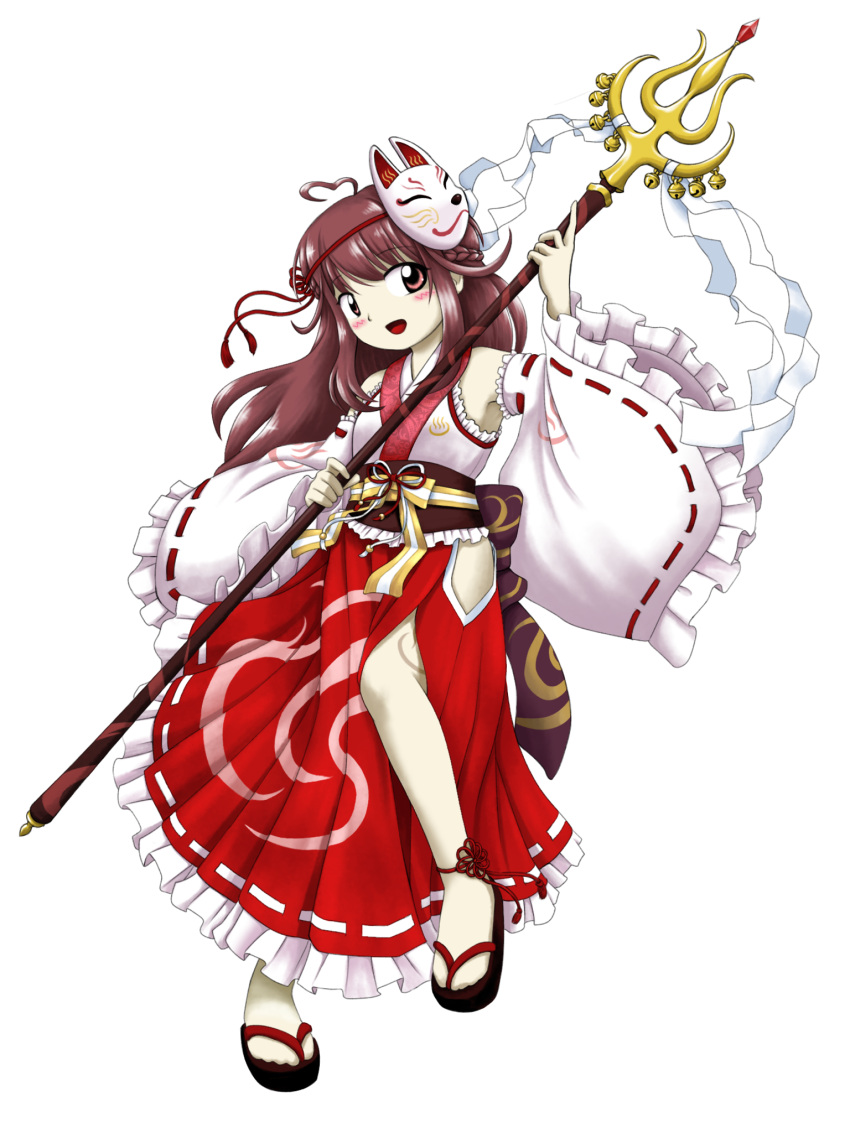 1girl :d ahoge bangs blush bow breasts brown_eyes brown_hair brown_sash commentary_request cookie_(touhou) detached_sleeves eyebrows_visible_through_hair fox_mask frilled_sleeves frills full_body heart_ahoge highres hip_vent holding holding_polearm holding_weapon indie_virtual_youtuber japanese_clothes kanna_(cookie) long_hair looking_at_viewer mask mask_on_head miko obi open_mouth parasite_oyatsu polearm red_skirt ribbon-trimmed_sleeves ribbon_trim sash shirt simple_background skirt small_breasts smile solo spear striped striped_bow transparent_background virtual_youtuber weapon white_shirt white_sleeves yellow_bow zun_(style)