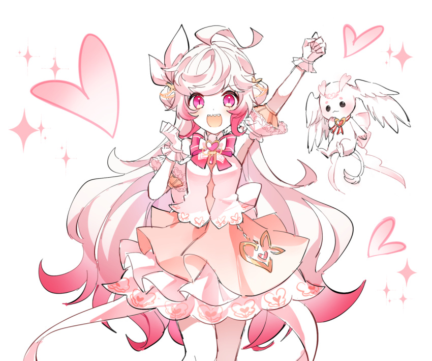 1girl :3 :d ahoge back_bow bangs bare_shoulders bow bowtie clenched_hand commentary cowboy_shot creature detached_sleeves elsword gradient_hair hair_down head_wings heart laby_(elsword) long_hair looking_at_viewer multicolored_hair outstretched_arm pink_bow pink_bowtie pink_eyes pink_hair pink_skirt pink_theme puffy_short_sleeves puffy_sleeves radiant_soul_(elsword) sharp_teeth shirt short_sleeves sidelocks simple_background skirt smile solo tail teeth very_long_hair white_background white_hair white_shirt