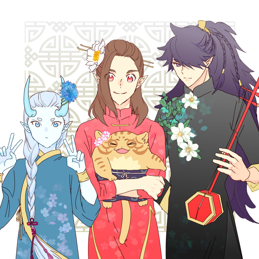 4boys absurdres aqua_hair blue_eyes blue_flower braid brown_hair child chinese_clothes double_v fengxi_(the_legend_of_luoxiaohei) flower hair_flower hair_ornament hair_over_one_eye highres holding horn_flower instrument_request leaf luozhu_(the_legend_of_luoxiaohei) multiple_boys pointy_ears purple_hair red_eyes route7sdr the_legend_of_luo_xiaohei tianhu_(the_legend_of_luoxiaohei) upper_body v violet_eyes white_flower xuhuai_(the_legend_of_luoxiaohei) younger