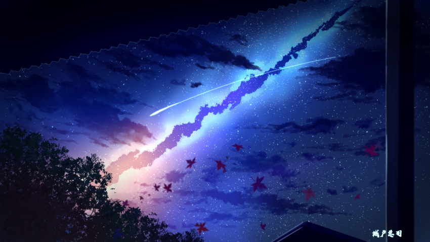 absurdres chenghuzongsi clouds comet commentary_request highres leaf leaves_in_wind night night_sky nights_into_dreams no_humans original outdoors scenery sky star_(sky) starry_sky tree