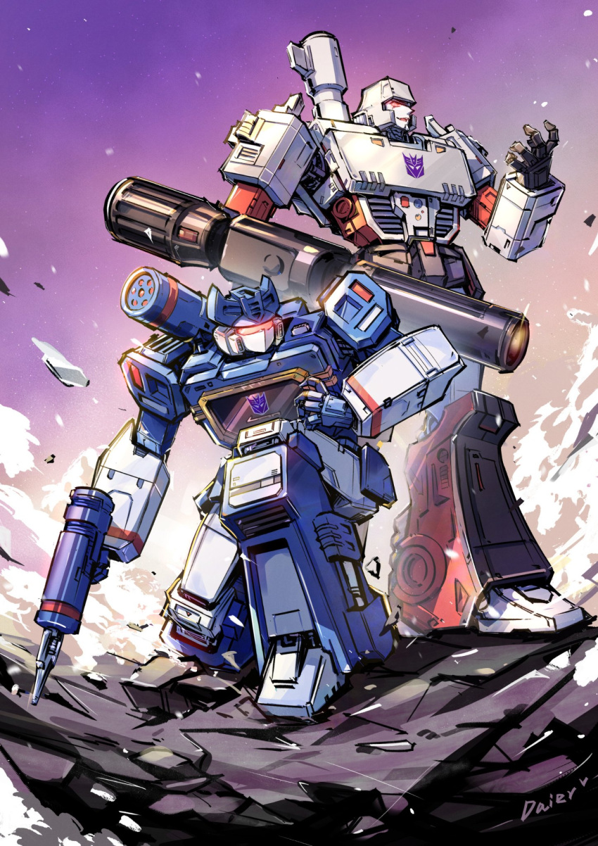 2boys arm_cannon chinese_commentary daier decepticon glowing gun highres holding holding_gun holding_weapon kneeling looking_down mecha megatron multiple_boys no_humans open_hand parted_lips science_fiction sky smile smoke soundwave transformers visor weapon