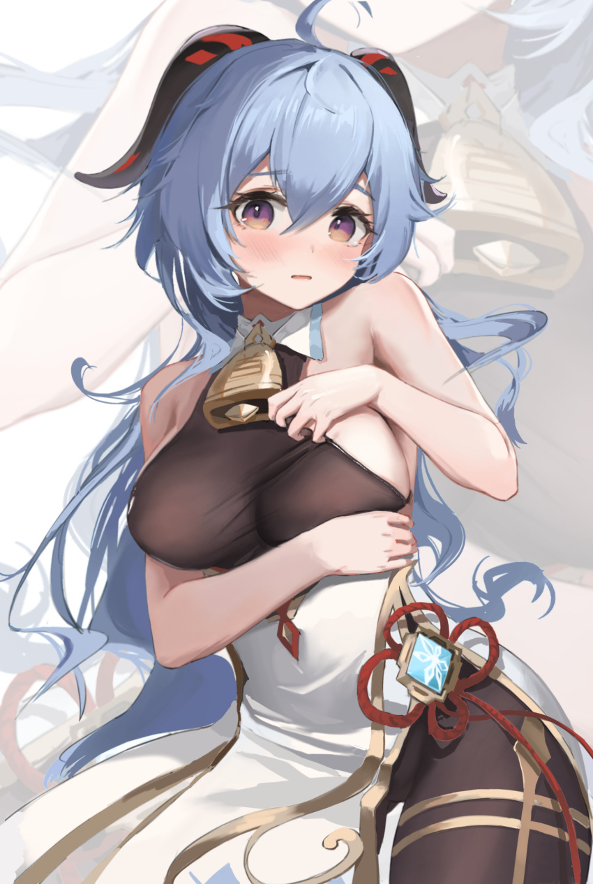 1girl ahoge arm_under_breasts bangs bare_arms bell blue_hair blush bodysuit breasts clothes_pull embarrassed ganyu_(genshin_impact) genshin_impact goat_horns hair_between_eyes highres horns long_hair looking_at_viewer medium_breasts neck_bell open_mouth pantyhose pulled_by_self tassel thighband_pantyhose violet_eyes vision_(genshin_impact) zombie_ke