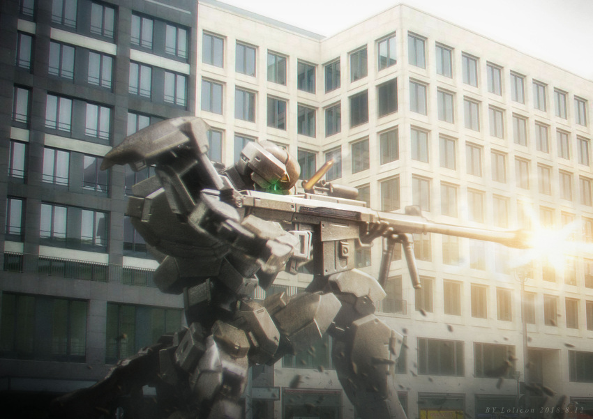 absurdres arm_slave_(mecha) artist_name building chinese_commentary dated firing from_side full_metal_panic! glowing gun highres holding holding_gun holding_weapon lolicon_(lolicon42051636) m9_gernsback mecha model_kit no_humans photo_background photoshop_(medium) rifle science_fiction sniper_rifle solo visor weapon