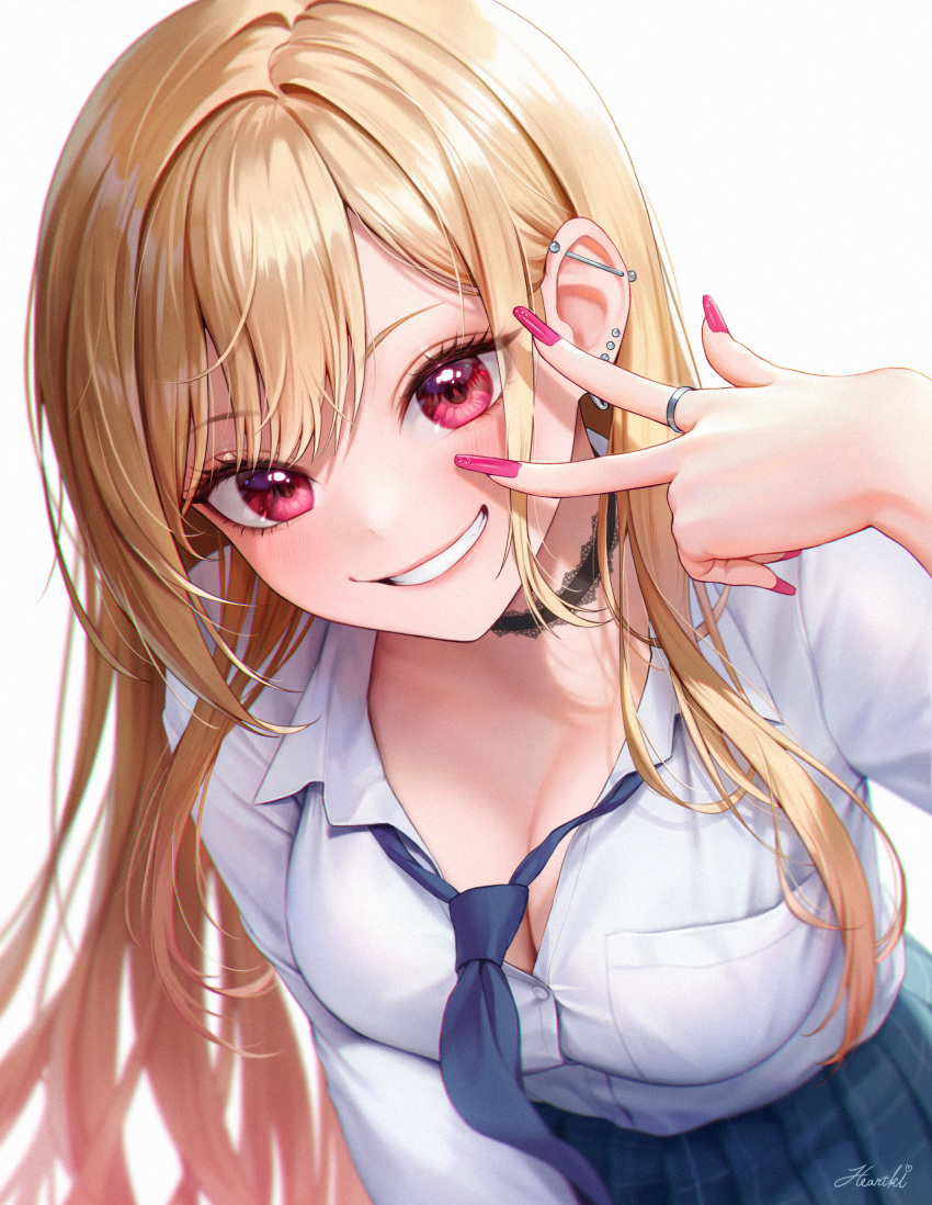 1girl absurdres bangs blonde_hair blue_necktie blue_skirt blush breasts collared_shirt commentary_request ear_piercing grin hand_up heartki highres jewelry kitagawa_marin large_breasts leaning_forward long_hair looking_at_viewer nail_polish necktie piercing pink_nails plaid plaid_skirt pleated_skirt red_eyes ring school_uniform shirt simple_background skirt smile solo sono_bisque_doll_wa_koi_wo_suru upper_body v v_over_eye white_background white_shirt