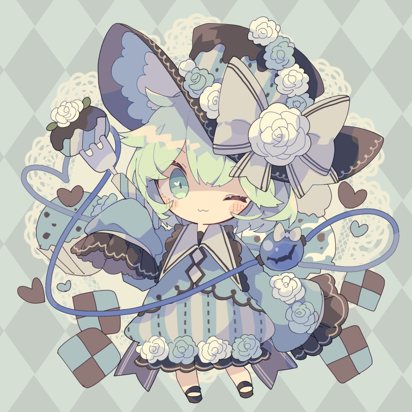 1girl :3 adapted_costume argyle argyle_background black_footwear black_headwear blouse blue_flower blue_rose blush bow buttons chibi chocolate closed_mouth cookie diamond_button flower food fork frilled_shirt_collar frilled_skirt frilled_sleeves frills full_body green_blouse green_eyes green_hair green_skirt hat hat_bow hat_flower heart heart_in_eye heart_of_string highres holding holding_fork ice_cream komeiji_koishi long_sleeves looking_at_viewer muffin nikorashi-ka one_eye_closed ribbon-trimmed_headwear ribbon-trimmed_skirt ribbon_trim rose shoes short_hair simple_background skirt sleeves_past_fingers sleeves_past_wrists solo striped striped_headwear striped_skirt sweets symbol_in_eye third_eye top_hat touhou white_bow white_flower white_rose wide_sleeves