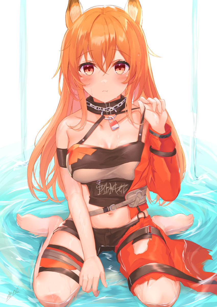 1girl animal_ears aokabi_(aokabic) arknights bangs belt_buckle between_legs blush breasts buckle ceobe_(arknights) ceobe_(summer_flowers)_(arknights) chain_necklace closed_mouth collar dog_ears eating eyebrows_visible_through_hair eyes_visible_through_hair hair_between_eyes hand_between_legs hand_up highres infection_monitor_(arknights) lock long_hair long_sleeves looking_at_viewer orange_hair padlock padlocked_collar red_eyes shorts sitting sitting_on_water solo strap sweat torn_clothes wariza water white_background