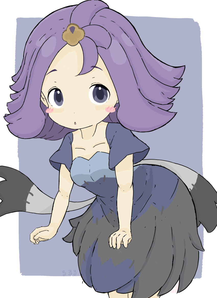1girl absurdres acerola_(pokemon) blue_background blue_dress blush_stickers collarbone commentary_request dress eyebrows_visible_through_hair forehead highres leaning_forward looking_at_viewer parted_lips pokemon pokemon_(game) pokemon_sm purple_hair rururu_(pyrk8855) short_sleeves solo standing two-tone_background violet_eyes white_background wide_sleeves