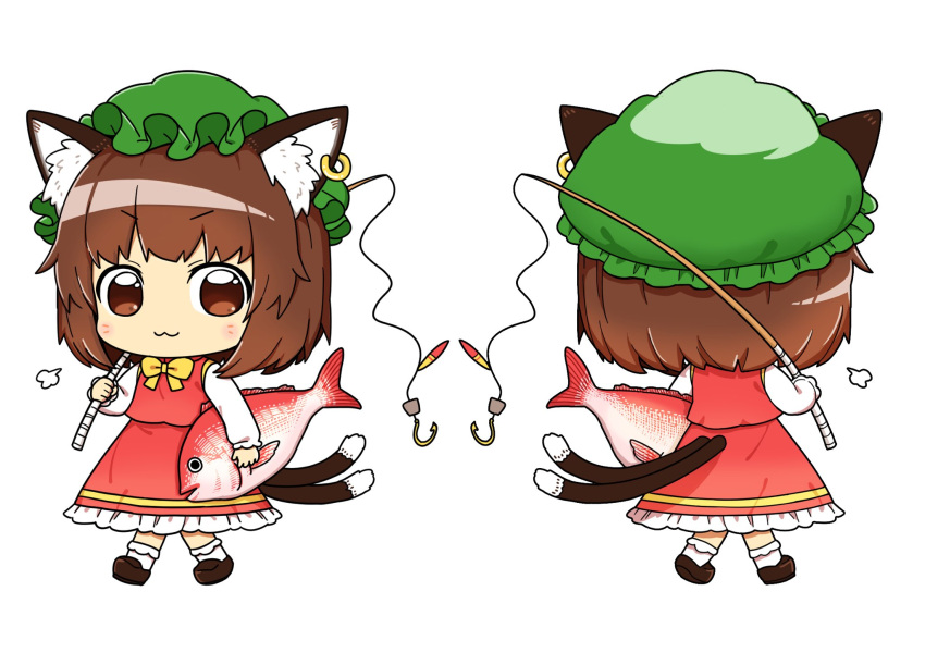 2girls :3 =3 animal animal_ear_fluff animal_ears bangs bobby_socks bow bowtie brown_eyes brown_footwear brown_hair cat_ears chen chibi closed_mouth earrings eyebrows_visible_through_hair fish fishing_rod full_body green_headwear hat highres holding holding_animal holding_fish holding_fishing_rod jewelry long_sleeves looking_at_viewer mob_cap multiple_girls multiple_views oninamako petticoat puffy_long_sleeves puffy_sleeves red_skirt red_vest short_hair simple_background single_earring skirt socks touhou v-shaped_eyebrows vest walking white_background white_legwear yellow_bow yellow_bowtie