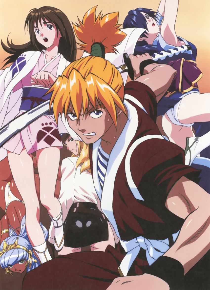 1990s_(style) 1boy 4girls absurdres aoi_natsu armlet ass bangs bare_shoulders bikini black_hair blonde_hair blue_eyes blue_hair breasts carrie_white collarbone erola_suppaatoka fundoshi galan_(honoo_no_labyrinth) green_eyes hair_ornament hair_over_one_eye hat high_ponytail highres holding holding_sword holding_weapon honoo_no_labyrinth japanese_clothes jewelry kimono large_breasts long_hair looking_at_viewer medium_breasts multiple_girls nastassja_nijinsky official_art open_mouth panties ponytail red_eyes red_lips retro_artstyle sash scan short_hair silver_hair smile swimsuit sword tabi thighs tiara topless underwear weapon white_legwear white_panties yamauchi_noriyasu