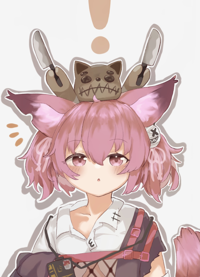 ! 1girl :o animal_ears arknights bangs blush collarbone commentary eyebrows_visible_through_hair fox_ears fox_girl fox_tail hair_between_eyes hair_ornament hands_up highres holding holding_knife knife lbwtnnvekvk5fft looking_up messy notice_lines parted_lips pink_eyes pink_hair shamare_(arknights) shirt solo stuffed_animal stuffed_toy tail upper_body white_background white_shirt