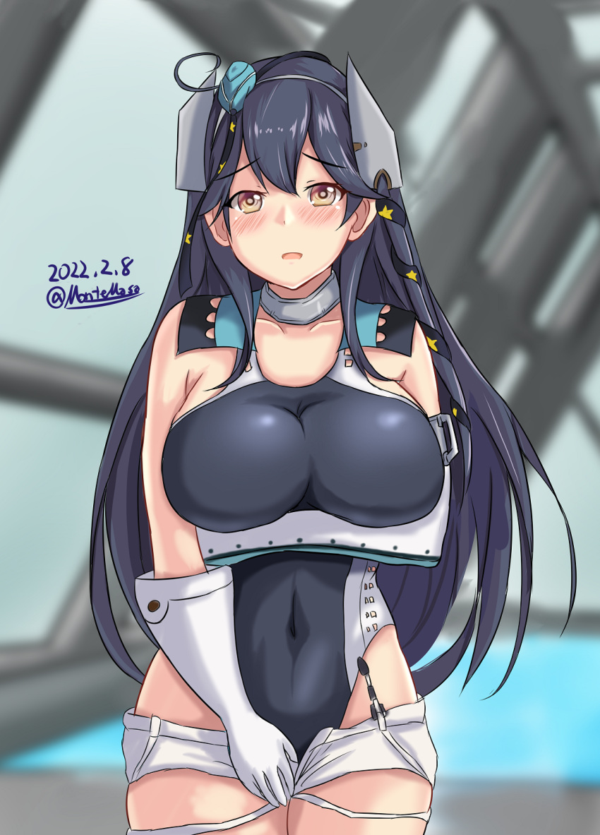 1girl aqua_headwear aqua_neckerchief black_hair black_ribbon black_swimsuit blush breast_hold breasts brown_gloves competition_swimsuit cosplay dated elbow_gloves eyebrows_visible_through_hair garrison_cap gloves hair_between_eyes hair_ribbon hat highleg highleg_swimsuit highres indoors kantai_collection large_breasts long_hair looking_at_viewer montemasa neckerchief one-piece_swimsuit open_mouth rei_no_pool ribbon scamp_(kancolle) scamp_(kancolle)_(cosplay) shorts solo swimsuit twitter_username two-tone_swimsuit ushio_(kancolle) water white_gloves white_shorts white_swimsuit