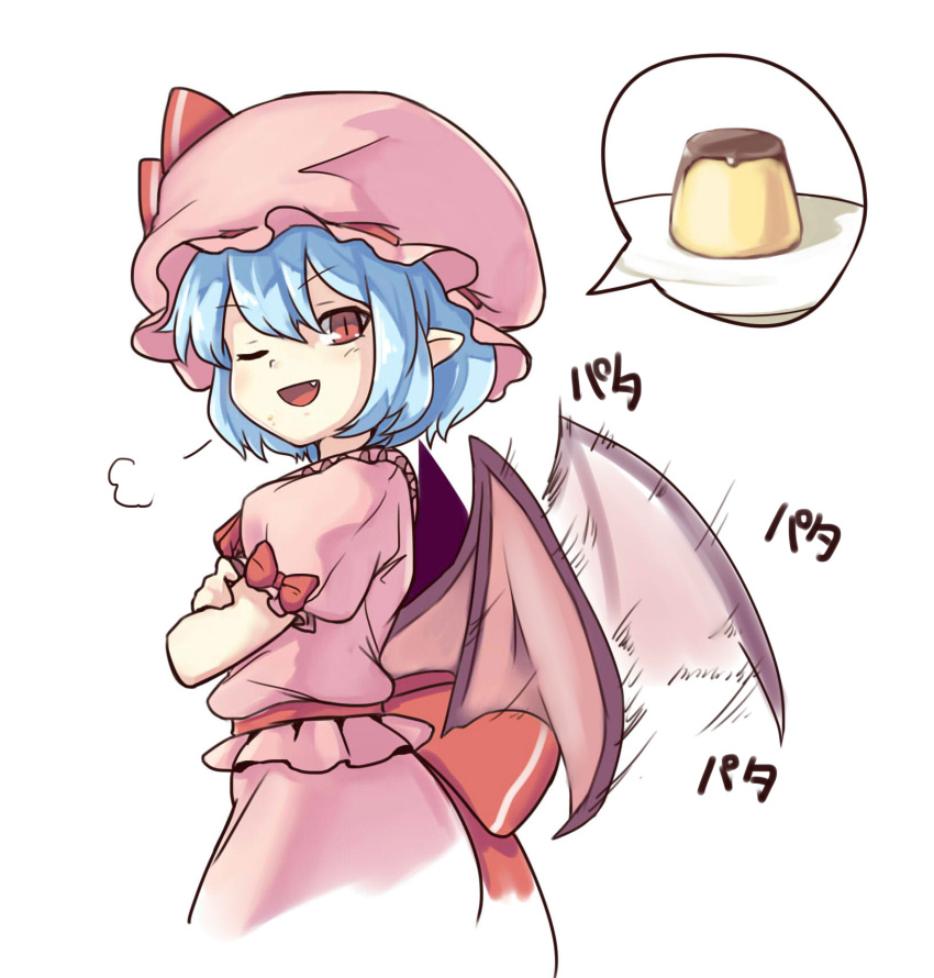 1girl ascot bat_wings blue_hair bow crossed_arms dress embodiment_of_scarlet_devil eyebrows_visible_through_hair fang flapping food frills from_behind hat hat_ribbon highres looking_at_viewer mirukuro092 mob_cap one_eye_closed open_mouth pink_dress pudding puffy_short_sleeves puffy_sleeves red_bow red_eyes red_ribbon remilia_scarlet ribbon ribbon_trim short_hair short_sleeves simple_background smile smug solo touhou vampire white_background wings