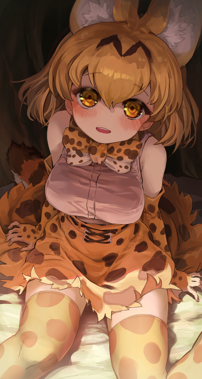 1girl absurdres animal_ears animal_print arms_at_sides bangs bare_shoulders blonde_hair blush bow bowtie breasts brown_hair colored_inner_hair elbow_gloves extra_ears eyebrows_visible_through_hair from_above gloves hair_between_eyes hand_rest high-waist_skirt highres kemono_friends light_smile looking_at_viewer medium_hair melaton miniskirt multicolored_hair open_mouth print_bow print_bowtie print_gloves print_legwear print_skirt serval_(kemono_friends) serval_print shirt sitting skirt sleeveless sleeveless_shirt solo tail taut_clothes taut_shirt thigh-highs two-tone_bowtie two-tone_hair white_shirt yellow_eyes zettai_ryouiki