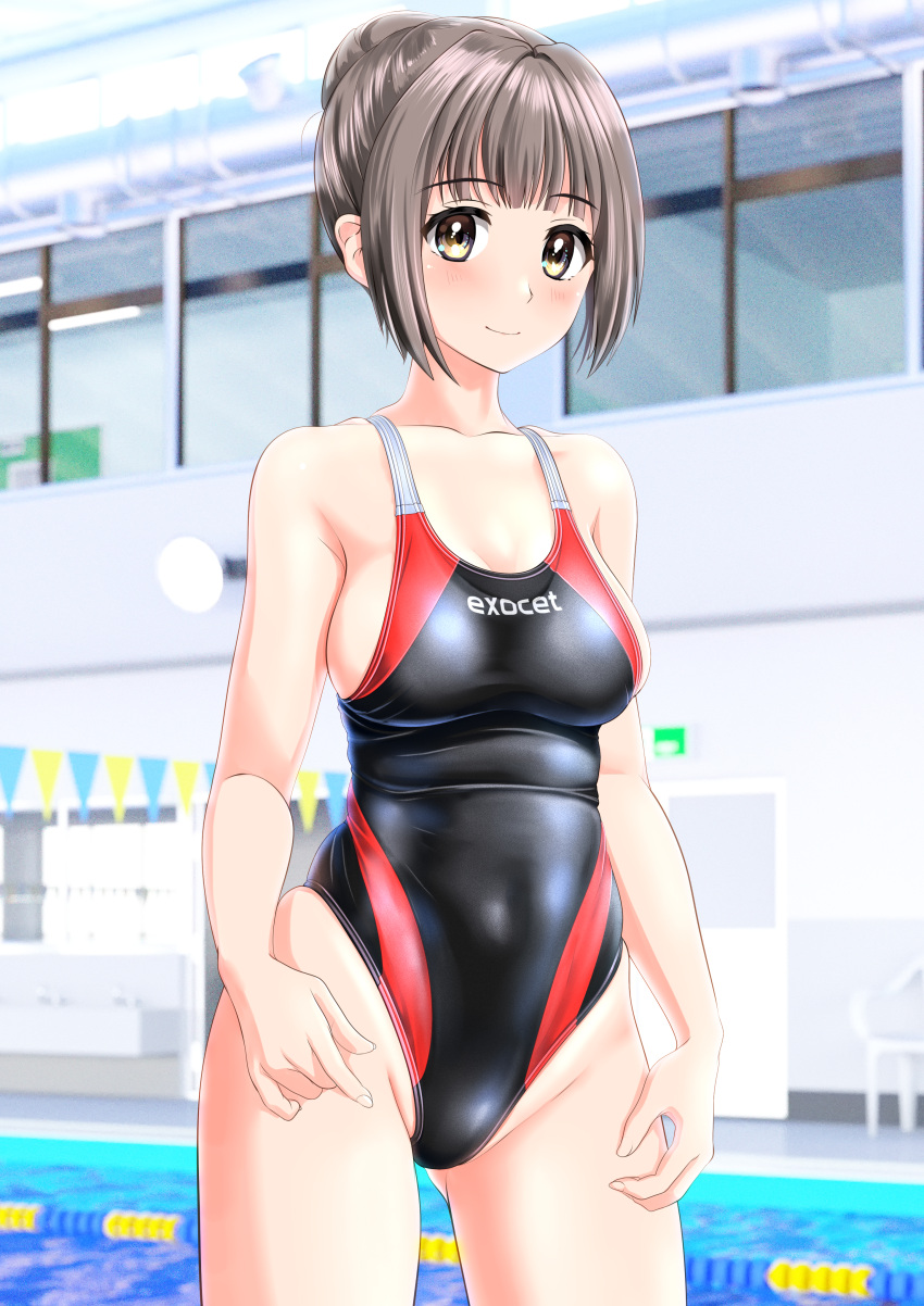 1girl absurdres black_swimsuit breasts clothes_writing commentary_request competition_swimsuit covered_navel groin hair_bun highres indoors large_breasts light_brown_hair looking_at_viewer multicolored_clothes multicolored_swimsuit one-piece_swimsuit original pool short_hair solo standing string_of_flags swimsuit takafumi undersized_clothes window