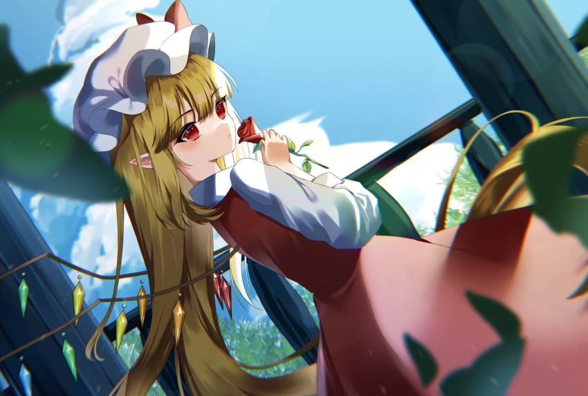 1girl alternate_hair_length alternate_hairstyle balcony bangs blonde_hair blunt_bangs bow closed_mouth clouds cloudy_sky crystal dutch_angle epiki_(nenekoneko0715) eyebrows_visible_through_hair flandre_scarlet flower hat highres holding holding_flower long_hair looking_away mob_cap motion_blur pointy_ears red_bow red_eyes red_flower red_rose red_skirt red_vest rose shirt skirt skirt_set sky solo tsurime vest white_shirt wings