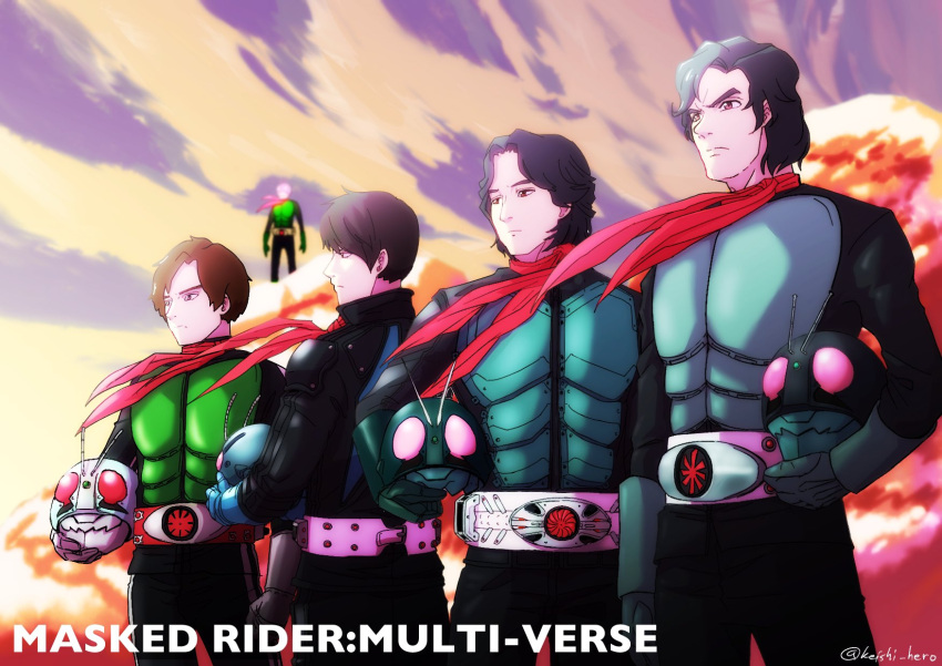 4boys anniversary bug copyright copyright_name grasshopper green_armor heisei helmet highres holding holding_helmet hongou_takeshi kamen_rider kamen_rider_1 kamen_rider_1_(shin) kamen_rider_spirits kamen_rider_the_first keishi_ozaki male_focus mask mask_removed medium_hair multiple_boys red_scarf reiwa scarf shin_kamen_rider short_hair typhoon_(kamen_rider)