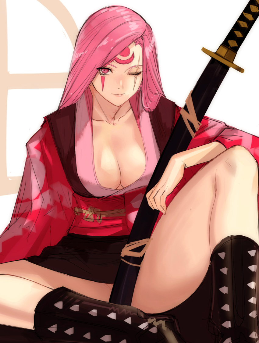 1girl baiken breasts facial_tattoo guilty_gear highres japanese_clothes kataginu katana kimono large_breasts looking_at_viewer obi one-eyed one_eye_closed open_clothes open_kimono pink_eyes pink_hair samurai sash scar scar_across_eye scar_on_face sheath sitting solo sword tattoo tetsu_(kimuchi) thighs torn_clothes torn_sleeves weapon
