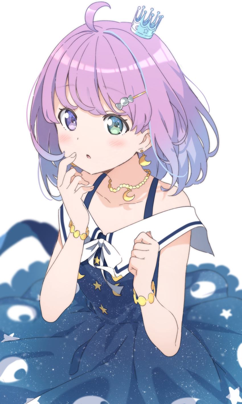 1girl ahoge bangs blue_dress blush candy_hair_ornament crescent crescent_earrings crescent_necklace crown dress earrings eyebrows_visible_through_hair food-themed_hair_ornament green_eyes hair_ornament heterochromia highres himemori_luna hololive icehotmilktea jewelry looking_at_viewer mini_crown multicolored_hair parted_lips pink_hair print_dress purple_hair simple_background solo starry_sky_print two-tone_hair violet_eyes virtual_youtuber white_background